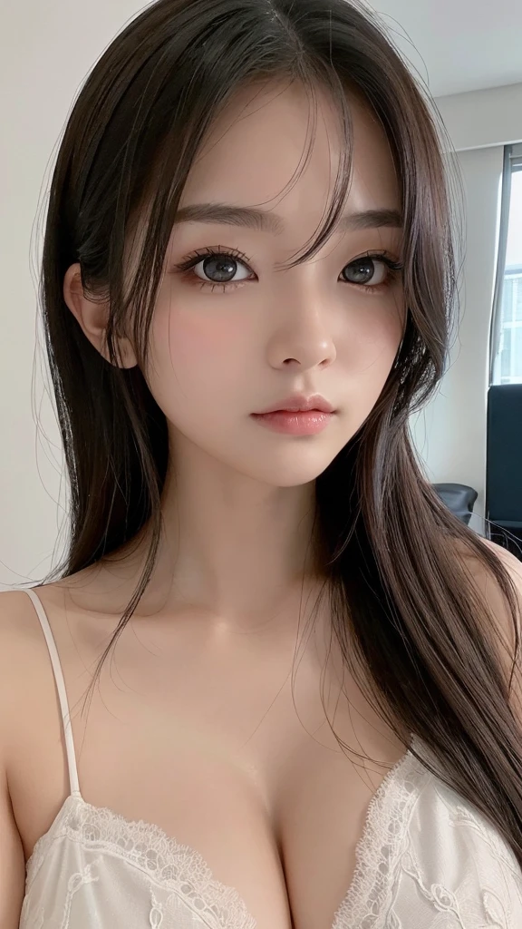 ((in a school, A very cute woman wearing very very short school uniform)),((wearing a luxury white open shirt: 1.6.)). 40k, photography, masterpiece, best quality, dark grey background, ((1girl blue eyes and gorgeous brown long hair)), big ass full breasts until waiting wearing, varied poses.((Huge breasts :1.4)), Ultra-detailed face, Detailed eyes(very beautiful girl) ,(kpop idol, korean beauty, Korean and Japanese mix)