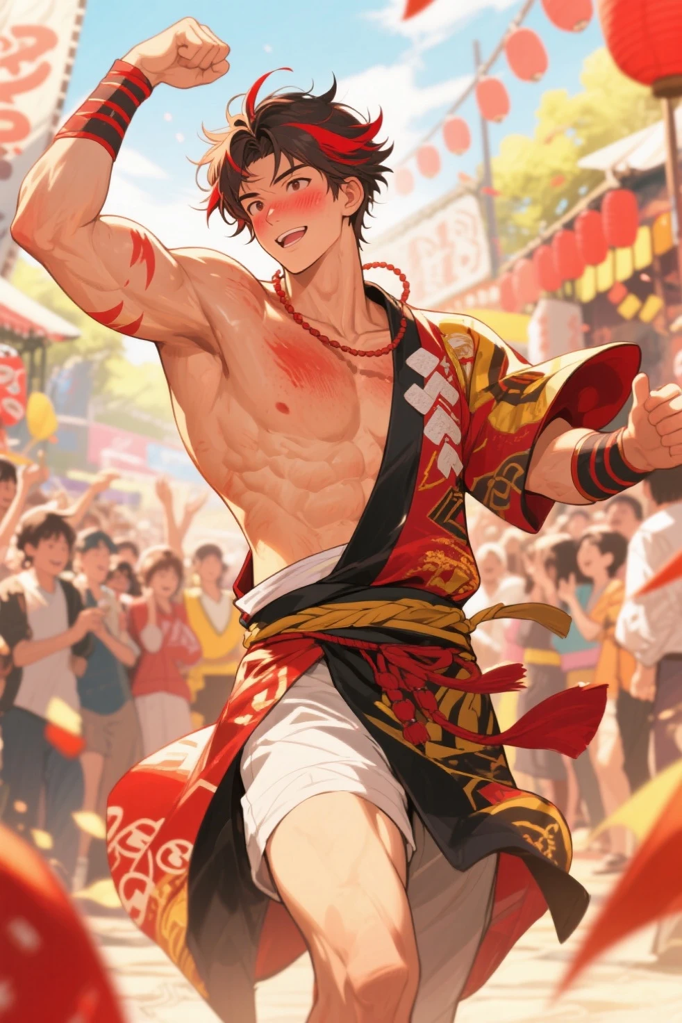 Chinese wind, new year, a cheerful young man, Young guys,  Abs, fans, Bare legs, White socks, cloth shoes, Fireworks, Snow, winking, lovely boy