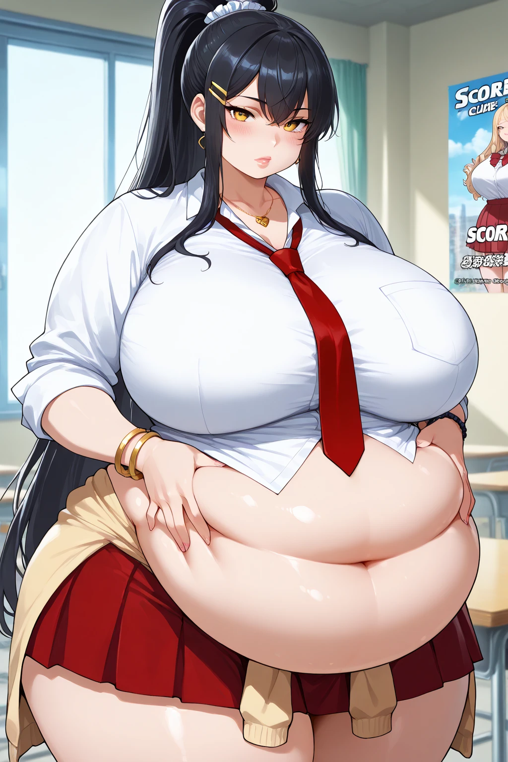 ((highres)), Masterpiece, high quality, best quality, beautiful, perfect lighting, detailed face, ultra cute face, looking at viewer, (((1girl))), (((solo))), long hair, fluffy hair, brown hair, ponytail, green eyes, ((blush)), white tank top, short red pleated skirt, thigh highs, chocker, large breasts, cleavage, perky breasts, (wide hips), (thick thighs), chubby belly, standing, fast food restaurant, arms behind back,