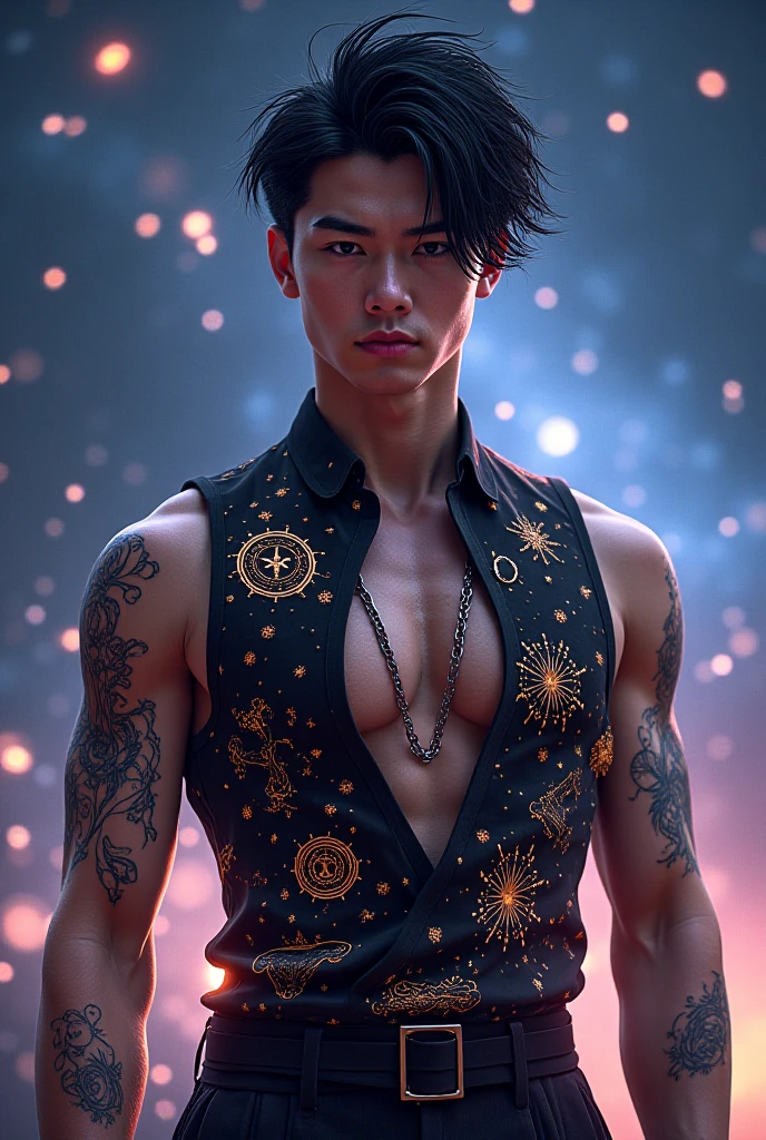 1boy, 20 years old, short black hair, tattoos on the neck, muscular, wearing a black suit and shirt, late at night, standing on the top of the boat, behind the sea of stars, evening breeze, serious look, master work, super high detail, masterpiece, best picture quality