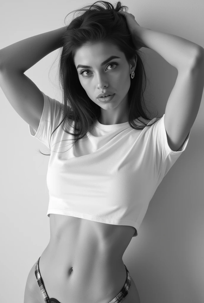 16K, Hyper-realistic quality, work of art, 1 girl, Chinese girl, The girl looks like Linda Evangelista in her youth, ((portraite)), Model until anerexic, long straight dark hair, Hair develops, jump high, camisa preta oversized, elbow rolled up sleeves, Gola V, legging preta, stone decorations on the neck, White studio photography, fashion shooting, softshadows, monochrome photography, grain, photographic quality, cinematic quality.model posing, white outfit , body branco