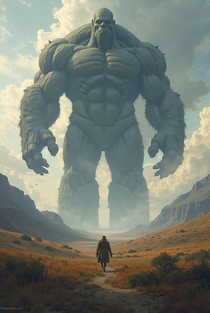 A giant who crushes the Earth, which is as vast as the universe Looking up from below Huge belly Lower Body feet