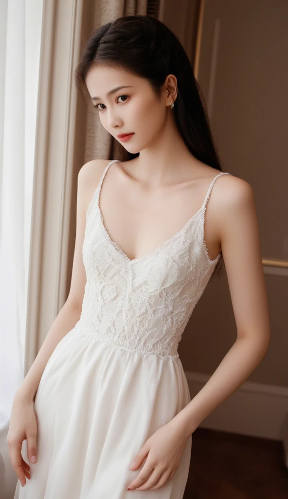 In a raw and masterful photograph, a stunning woman channels the elegance of Anne Hathaway as she poses in a wedding dress against the backdrop of a luxurious modern hotel hall. With her tall, thin frame and blond hair cascading down her shoulders, she exudes sophistication and allure. Her C cup, big breasts and slender legs accentuate her beauty, while glasses add a touch of refinement. White flowers and white light enhance the ethereal atmosphere, evoking the beauty of a Chinese princess. This image captures the fantasy of a seductive Asian queen, embodying timeless beauty and allure in a captivating display of exhibitionism.