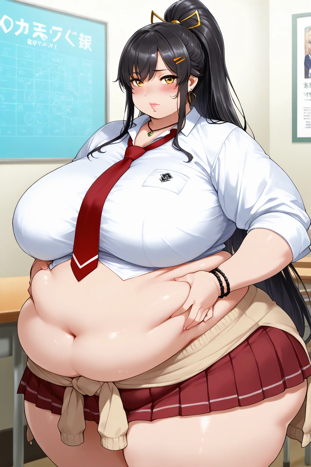 (masterpiece, best quality), 1girls, big belly, blurry background, huge belly, art by kipteitei, round belly, chubby, curvy, white button-up shirt, skirt, thighhighs, simple_background, gradient_background, belly bursting out of shirt, belly grab, enormous belly, fat belly, thicc, bigger belly, sitting on chair, really big belly, jiggly belly, shirt covering belly, belly cover by shirt, glasses