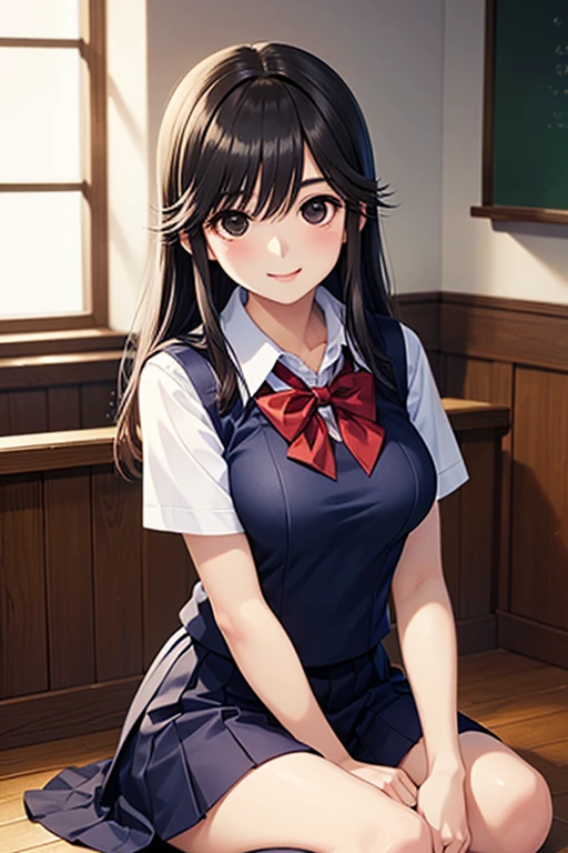 (masterpiece、highest quality)、Beautiful illustrations、Gazing at the viewer、Beautiful thighs、Front view、1 girl、Mature high school girl、A high school girl who looks 25 years old、Shiny skin、Big eyes、Long eyelashes、very tall、 Beautiful Hair、Beautiful Face、Beautiful Eyes、 Beautiful breasts、Beautiful thighs、Beautiful legs、Beautiful fingers、(((brown knit vest、Short sleeve white collar shirt、Navy Pleated Skirt)))、((Red bow tie))、(In the classroom)、Are sitting、((smile))、(((((Skirt lift with both hands、I can see your pussy))))), spread legs, ((pussy juice, love juice))