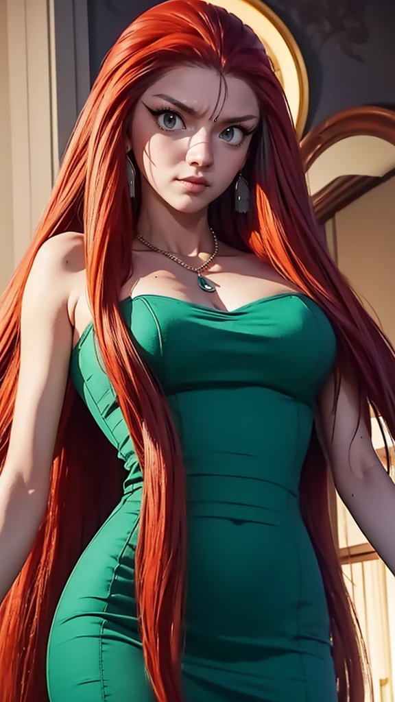 kushina from anime naruto, red hair, long hair, wears mascara, hair in a bun, perfect body, perfect breasts, beautiful woman, very beautiful, wears a green dress, fancy dress, expensive dress, beautiful dress, wears a handbag, wears a watch , wearing earrings, walking the red carpet, red carpet, Realism, masterpiece, textured skin, super detailed, high detailed, high quality, best quality, 1080P, HD, 16k
