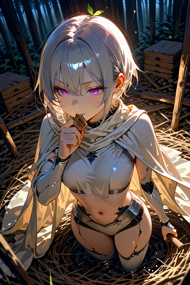 1girl, silver hair (dark skin:1.2) small hair buns, fantasy black croptop, fantasy black thong, cloak, hood covering head, shawl, holding daggers, green eyes, empty soulless eyes, desert background, textured skin, UHD, UHD, UHD, UHD, award winning, high details, incredible high-key lighting and shadows, masterpiece, incredible illustration