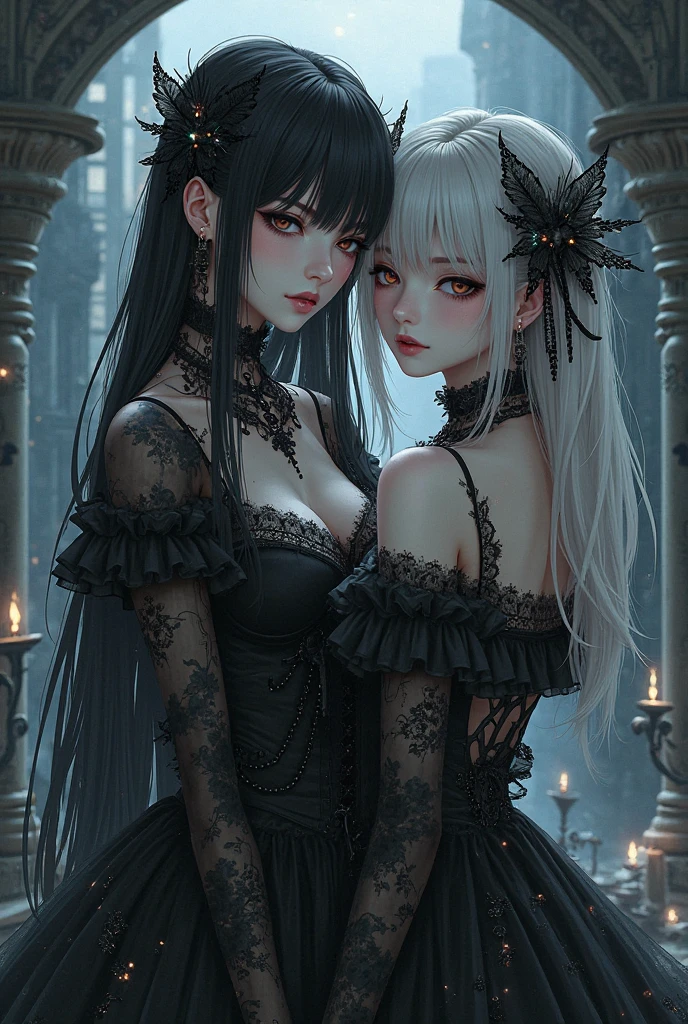 realistic, 1 woman (black hair), 3 daughters (white hair), red eyes, gala dresses, light, night, blush, smiles, flowers, garden, square