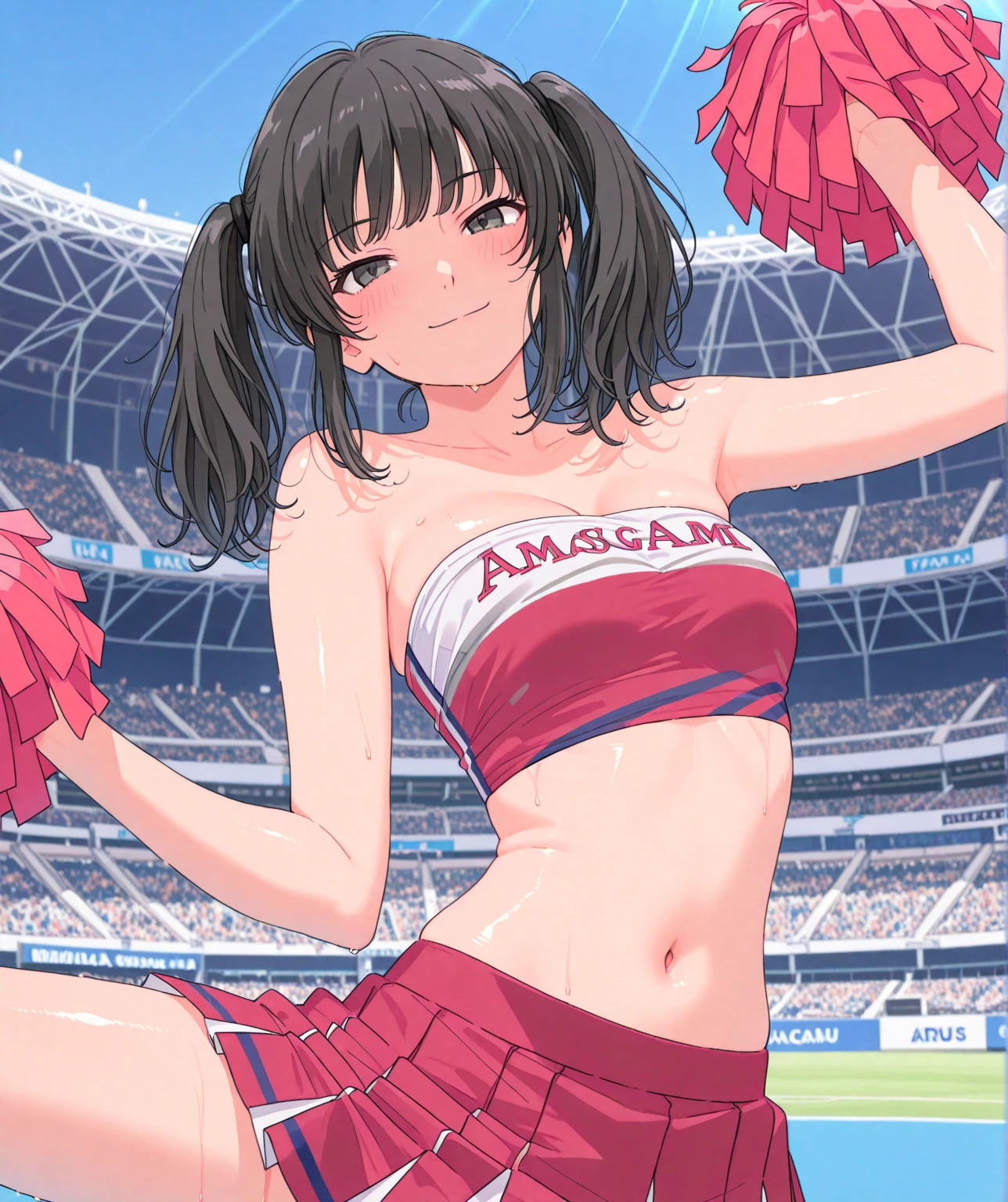 profile, (cheer leading style) (pose Dance and put feet upleg), (beautiful sweaty skin), (holding both hands ponpon), (beautiful detailed curly:1.3) (beautiful black hair long hair) (sexy cute princess girl) (detailed cute red eyes), (beauty smile, glossy lips, medium tits), (in a detailed cute white Cheerleader uniform), break, in the Olympic Venues, background many audience, BREAK, perfect anatomy, masterpiece, best quality, 16k, beautiful detailed love, daydreaming expression