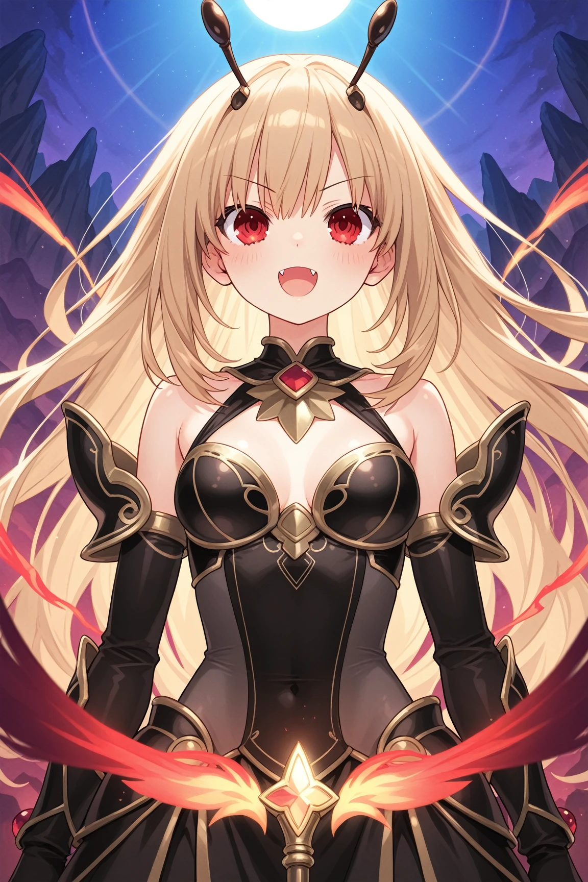 1girl, anime, cute girl, blank background, white background, fantasy, detailed fantasy dress with highlights, beautiful face, beautiful eyes, dark colors, black hair with multicolor streaks, red eye with different color pupil in eye, multicolor eye, medium small breasts (slightly big), slight cleavage, beautiful skin, cute, breast curtains, extremely delicate and beautiful, (beautiful detailed face:1.0), (detailed deep eyes), symmetrical breasts, deep eyes, shiny skin, portrait, slender waist, hips wider than shoulders, thighs, expressionless, young girl, luminous eyes, adorable，（Kpop idol）,（aegyo sal：1），（Platinum blonde hair：1），（（puffy eye）），Black panty，sexy posture，Superskirt, ultra high resolution，Black collar，slim figure, Abdominal y tattoo, womb tattoo，Tight-fitting leg ring，y tattoo on half-body，Bare skin, Armored hand，Hidden fingertips，Hand covered，Arm covered，Fist covered,{{beautiful detailed fingers}}, tufts of hair, moderate beautiful breast:1.0,(masterpiece:1.2), best quality, high-res, HDR, perfect face, intricate armor, delicate blue filigree, intricate filigree, red metalic parts, detailed part, dynamic pose, dynamic lights, cute face