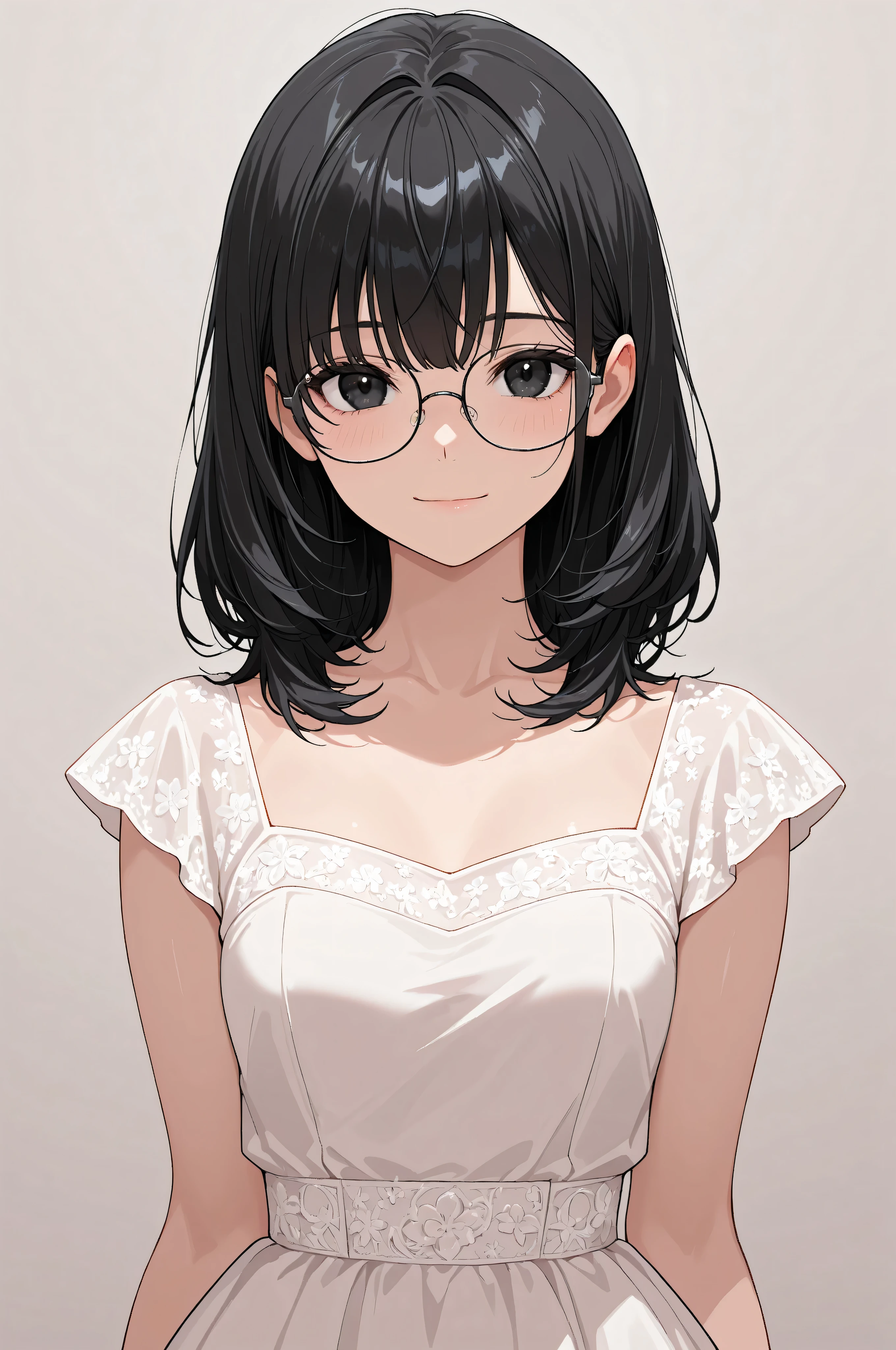 score_9, score_8_up, score_7_up,source_anime, high res image,masterpiece,best quality,girl,cute face,clear skin,black hair,black eyes,medium hair,glasses,close up,light smile,beautifull dress,
