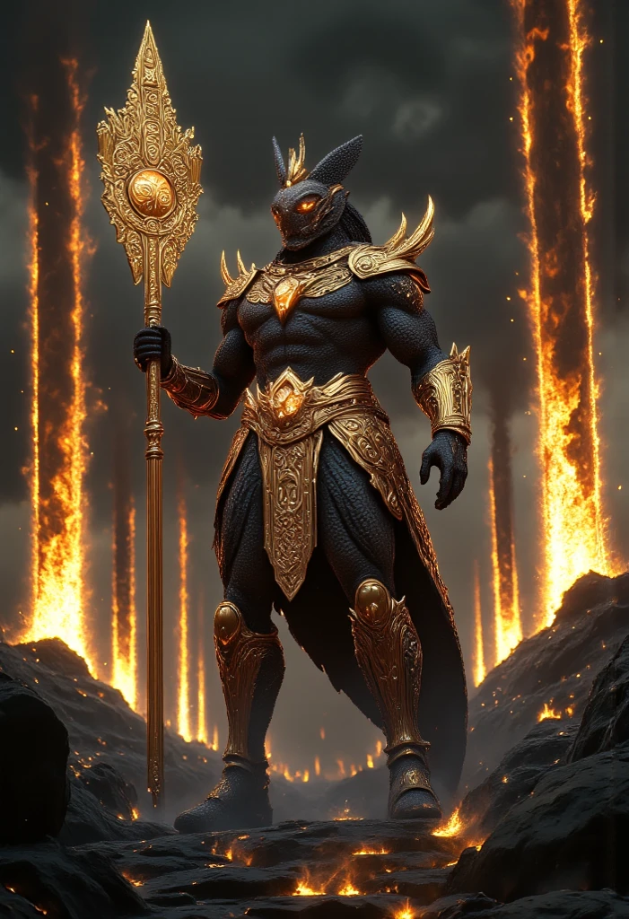 (high-quality), photorealistic, (oil painting) jewellery, (solo), (Dynamic posture), Right, ((The gates of hell)), Fire, Hellscape, (Underworld), (Dark landscape), Anubis, Egyptian god with the head of a jackal, anthro, muscular, (Holding gold scales), Dynamic posture, Cinematic, Dramatic camera angle, Golden Armor: 0,25, Black-gold cape, (good anatomy), (Good proportions), Award-winning, masterpiece, In the center, --auto --s2