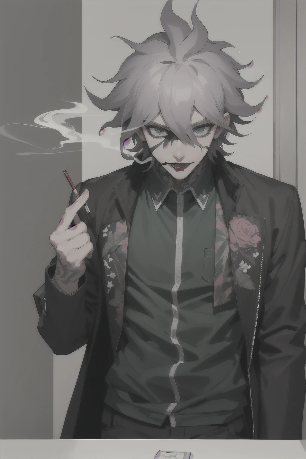 Man with short messy wavy white hair, dull light green eyes, long pale eyelashes, skin fair, mischievous look and smile, lip piercings and black earrings in the ears. Wears a black suit with white details and a green tie, uses a skull-shaped tie clip, holding the lab coat in one arm, skull shaped neck tattoo, black fingerless gloves and black painted nails and is a scientist.