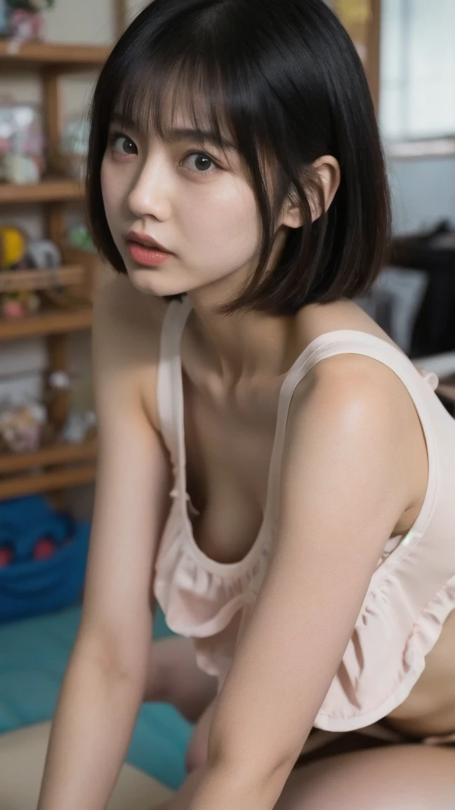 Masterpiece,(highest quality),(Very detailed、Very realistic:1.3), slender body, (Very delicate and beautiful face), (Beautiful Eyes), 16 years old、Japanese women、very cute, Dresses、(short hair, messy hair), medium breast, nsfw, slender、 (embarrassed:1.3)、(blush:1.2) Thin Necklace, (looking at viewer:1.2)