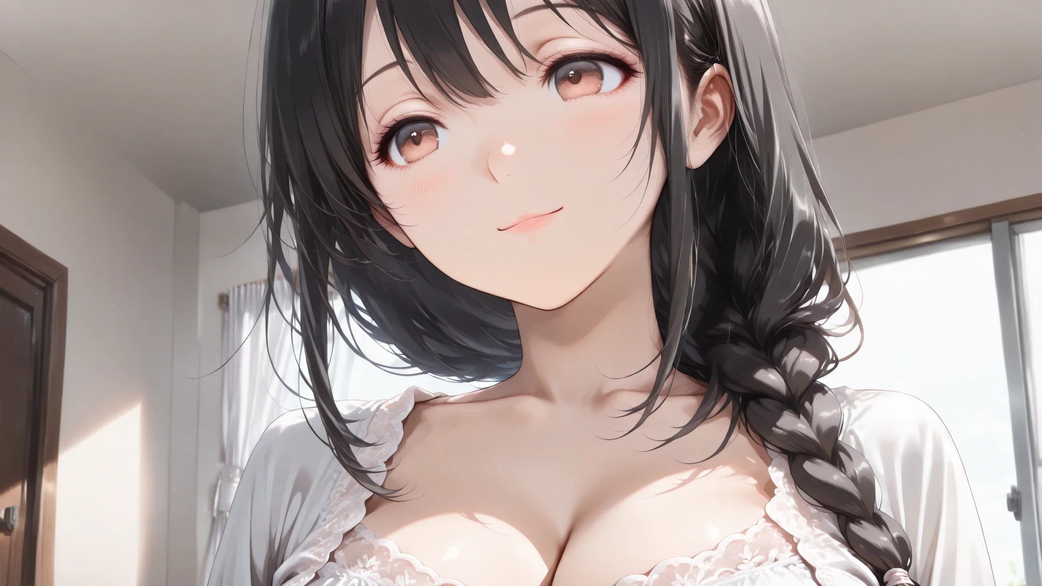 One girl, laying down on bed, cleavage through her shirt, 22 years old, cute black eyes, cat eyeliner applied, black long hair, looking at viewer, top angle, 8K, masterpiece,