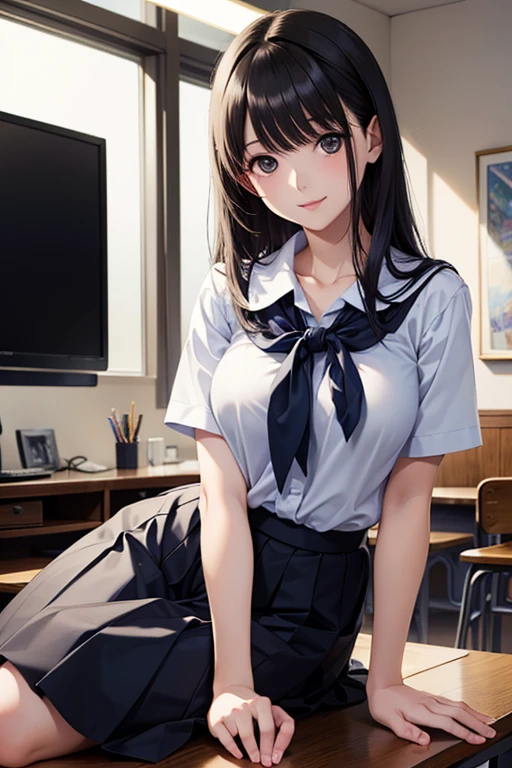 very cute and beautiful girl,(Very detailed美しい顔), (smile),blush,Black Hair,Seraphim,(Pleated navy blue mini skirt),Are standing,(From below),(Lacy white panties), Wooden classroom,window,Distant Tree々and the city, (Highest quality,masterpiece:1.0),Absurd,High resolution,Super detailed,Very detailed,32k,8K resolution, Intricate details,Movie Scenes,Detailed Background,alone,Dynamic Angle,