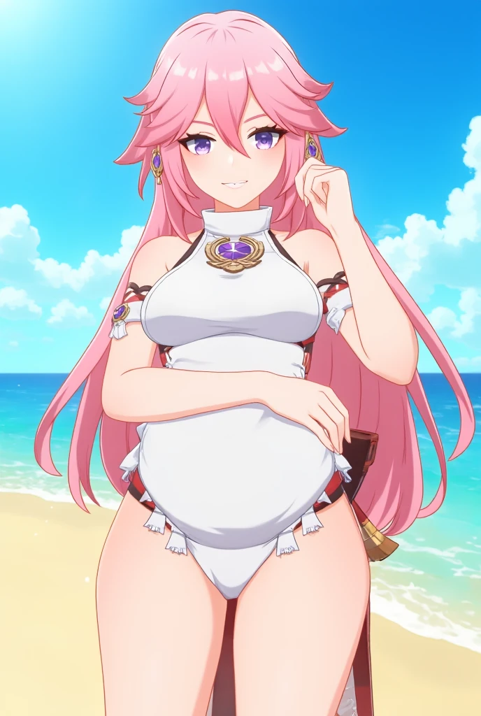detailed eyes,blend skin,huge breasts,pink eyes,bikini,smile,two tone hair,pink hair tip.