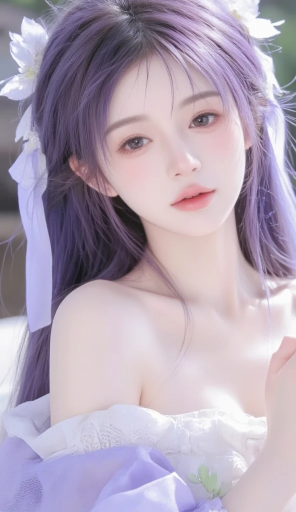 (Highly detailed body、Highly detailed face、Highest quality:1.2)、woman、Looking at the audience、((((goddess、Upper body naked、19 years old))))、(Lavender on background:1.4)、(((Upper body naked)))
