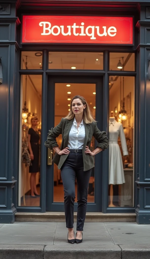 40-year-old color landscape photograph (German woman:1.3), chic, (inside a stock with plain boxes:1.3), during the day, flat lighting, (Smooth Saturation:1.2), analog style