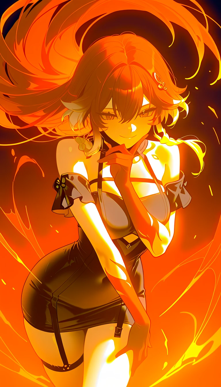 best quality, sinder, looking at viewer, hands on hips, closed mouth, 1girl, yellow eyes, wolf girl, long brown two-toned streaked hair+swept bangs and sidelocks, fiery wolf ears and flame-tipped wolf tail, orange tail, ear piercing, bare shoulders, large breasts, cleavage, collarbone, off-shoulder shirt with a black bow, (spiked belt, spiked bracelet, spiked choker, spiked collar:1.3), nails, black nailpolish, black pencil skirt+skirt slit, thighs, asymmetrical legwear:fishnets thighhighs+black thighhighs, thigh strap, legwear garter, fire+flames and embers, finely detailed background, amazing background