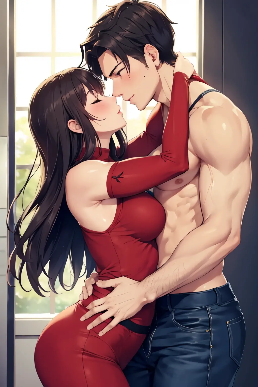 Slightly muscular man lifting a short and lean woman by her hips, kissing and making out passionately, lips touching, hugging tight, woman blushing hard, eyes closed, feeling