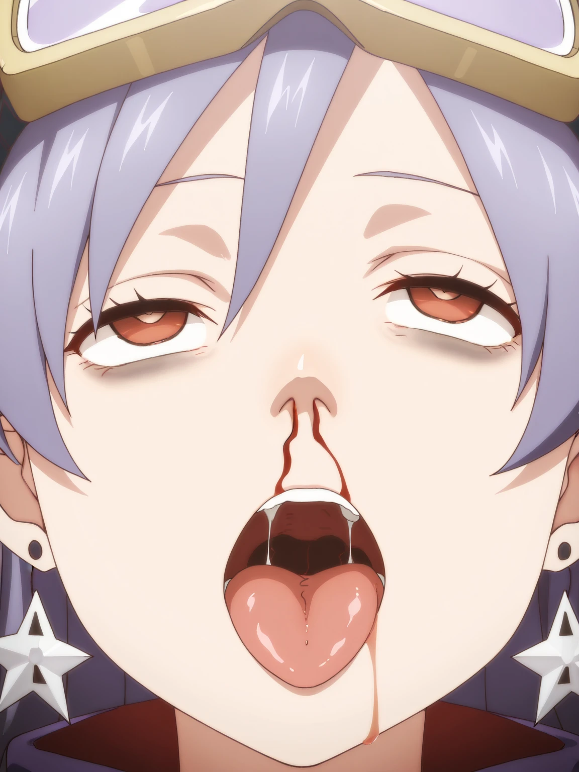1 girl in,Hermosa nariz,Beautiful character design, ojos perfectos, Cara perfecta,ojos expresivos, Mirando al espectador,(primer plano),(Focus on her face), Arte Oficial, face, open mouth, uvula, mouth, tongue, tongue out, vore, eula, eyes yellow, blue hair, short hair, White skin