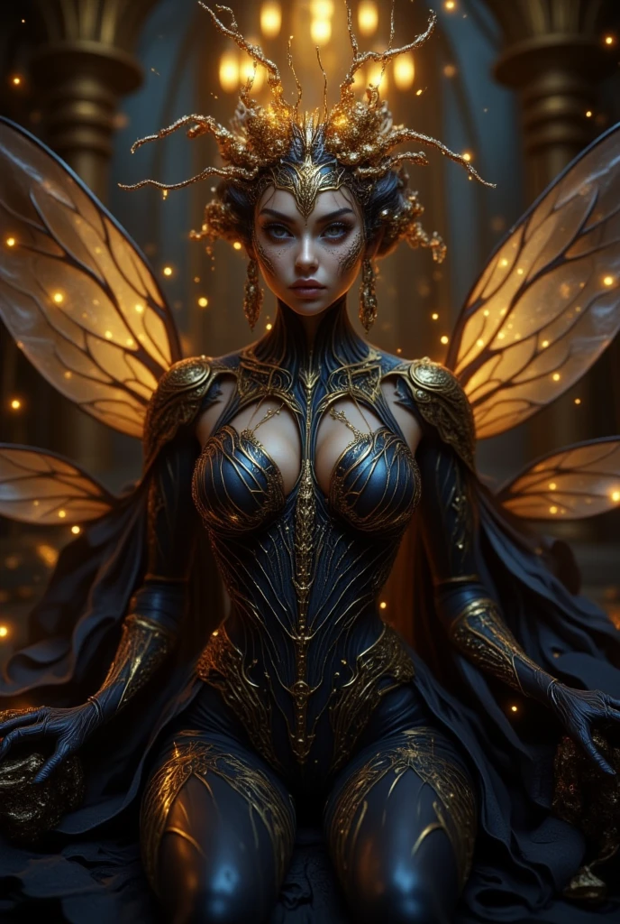 (The atmosphere is black and gold). Violet Evergarden has deer antlers. Her dress has a beautiful shimmering pulsating gold pattern that gives it an extraordinary look. The wings seem to embrace the heroine, a spiral halo hovers above her head, giving the image an unearthly appearance, ((a chain of energy spins as if cutting through the air), golden butterflies fly next to the heroine. (((ultra-detailed illustration of an absent-minded hallucinatory woman, a ghostly creature))) ( transparent fabric floating around the main character) (unusual chromatic contrast) by Lecro, UHD, HDR, 8K.