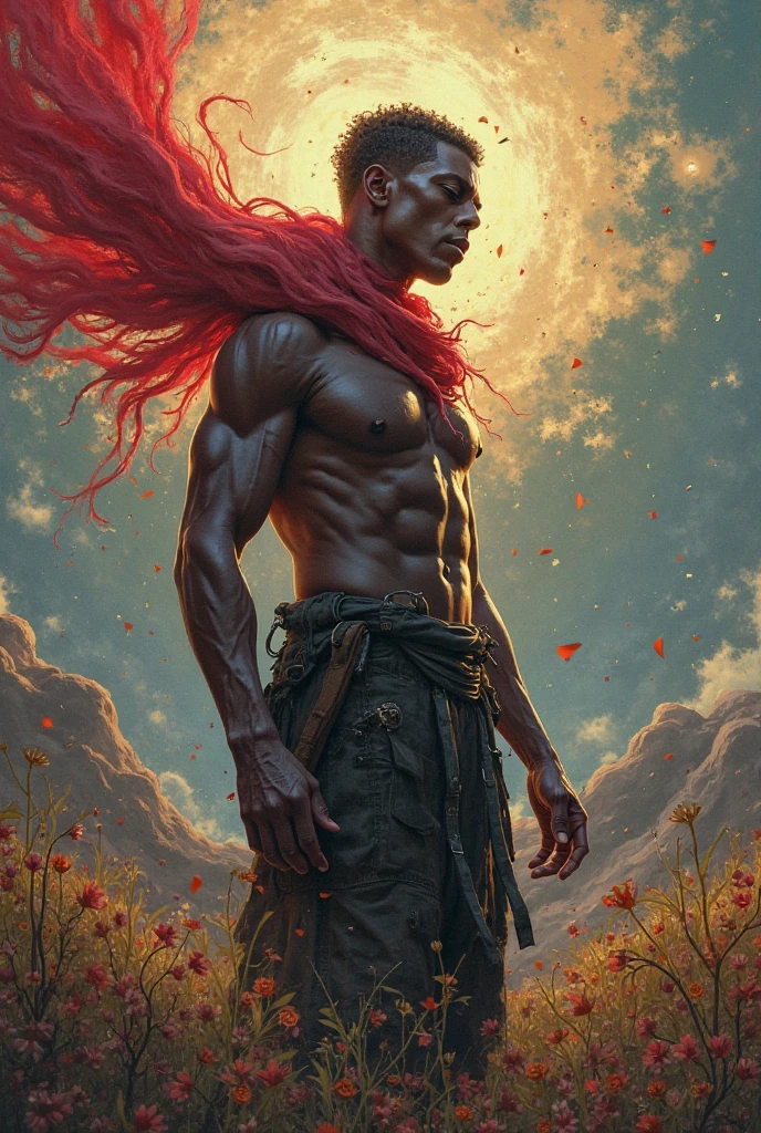 A black man with pink hair and a skirt goes to pick cotton.