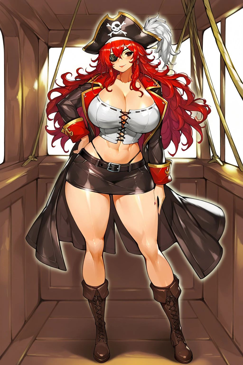 (masterpiece:1.2), (highest quality:1.2), 1gir, solo, breasts, red-hair, blue-eyes, dark-skinned-female, ((dark-skin)), huge-breasts, muscular-femal, smile, ((simple-background)), thighs, very-long-hair, full-body, thick-thighs, looking-at-viewer, fur-trim, high-heels, boots, over-shoulder, standing, belt, weapon-over-shoulder, hair-ornament, ahoge