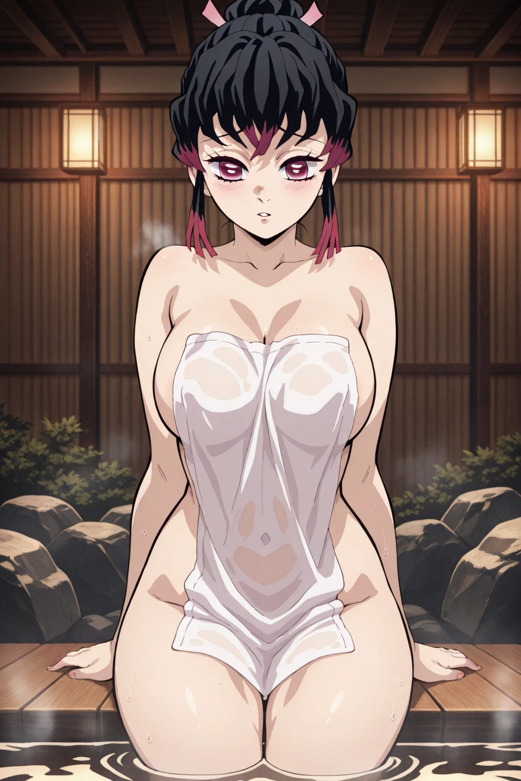 1girl, solo,underwear, navel, breasts, realistic, long hair,, lips, looking at viewer, red hair, collarbone,braided ponytail,yellow eyes, cowboy shot,standing, from below, naked, nude, uncensored, overgrown pubic hair, legs open, dynamic pose, white skin, pale skin, arms behind back, outside, night time, beach sand, 16:9, stoic expression, ringed eyes, squat position, straddling