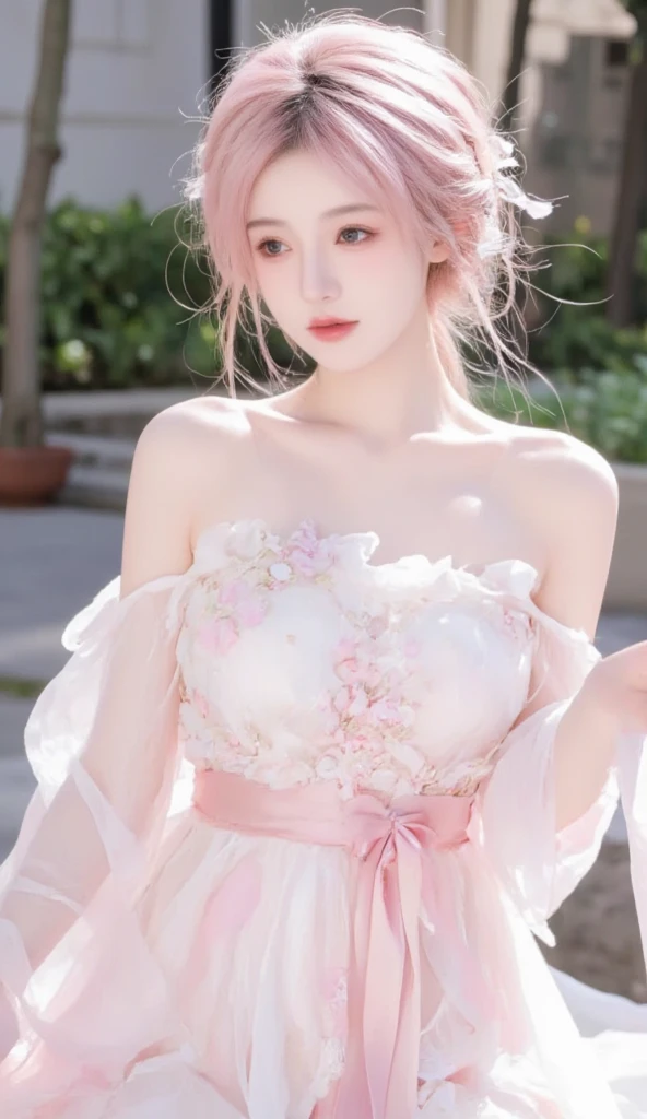 a girl, detailed hair, detailed eyes, shy, facial hair, clover hair ornament, jeweled branch of hourai, jewelry, light blush, light blush, musical note hair ornament, white dress, princess dress, white highlight, glowing light, ray tracing, bloom, chromatic aberration abuse, motion blur, 4K, UHD, masterpiece, dancing poses,