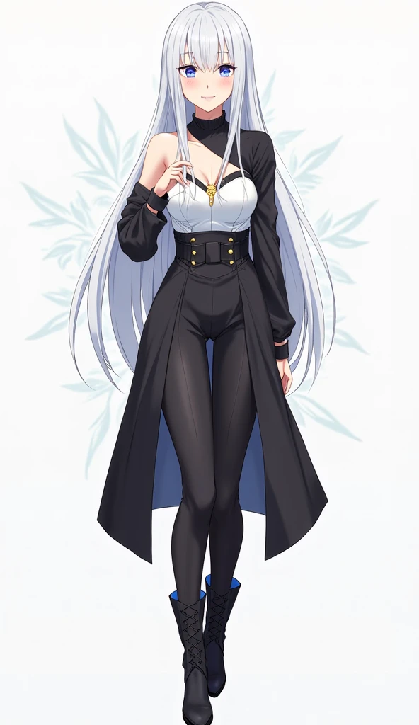 girl, White hair, Very long hair, elf, grey eyes, , black , big breasts, White socks, black обувь, full height,