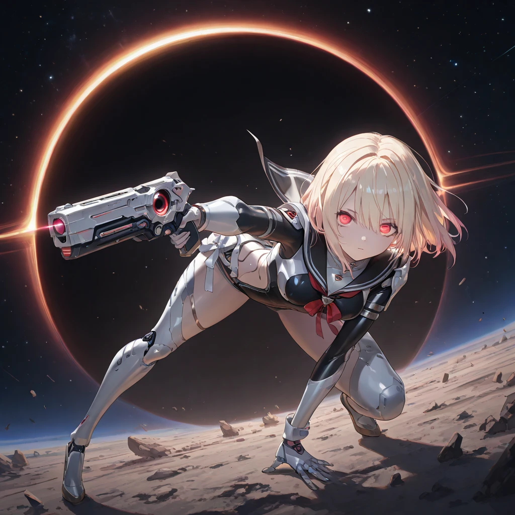 Absurd resolution, high resolution, (masterpiece: 1.4), super detailed, girl one, from above, futuristic, psychic, space, floating, blonde, petite, short hair, space-time, long boots