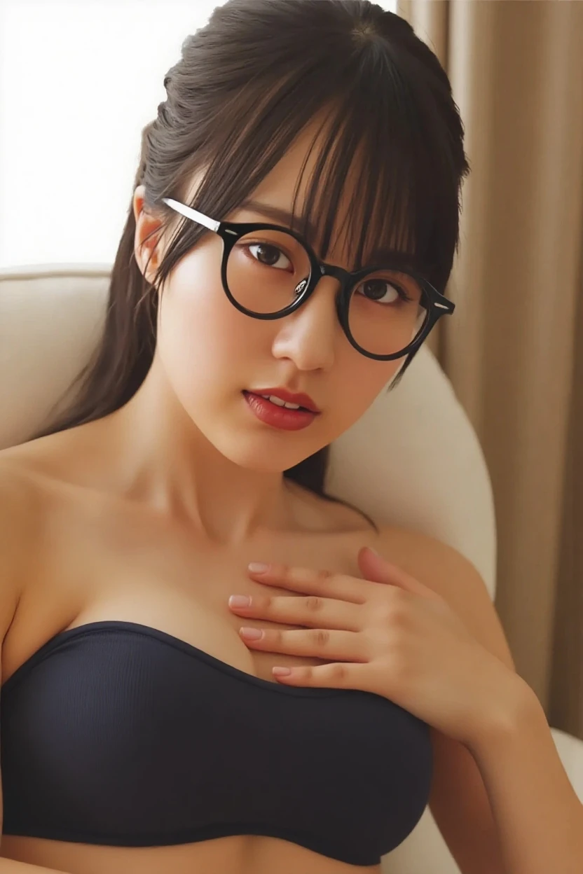 (masterpiece, best quality:1.2), 1girl, solo, Perfect balance、cute、((22-year-old female:1.2))、Young and adorable Japanese face,Official Art,Highly detailed CG Unity 8k wallpaper,(masterpiece:1.0),(Highest quality:1.0), high resolution,4K,Very detailed, photo shoot, 8k,High resolution,(((Big glasses))), (Big face and big breasts:1.4)、Japanese Office lady、((calm brown hair))