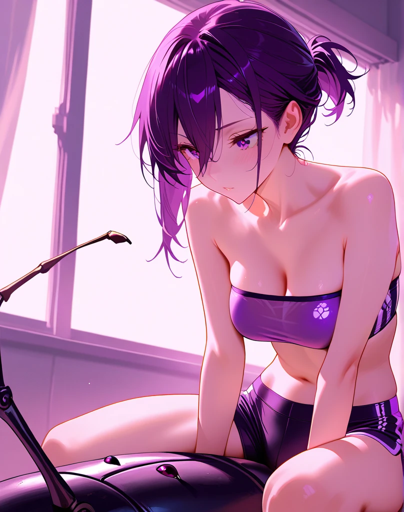 best quality, masterpiece, 4K, HD, High resolution, Perfect Body, Magical, Principal, Glasses, Female, Purple hair, Purple Theme, Short hair, Spiky hair
