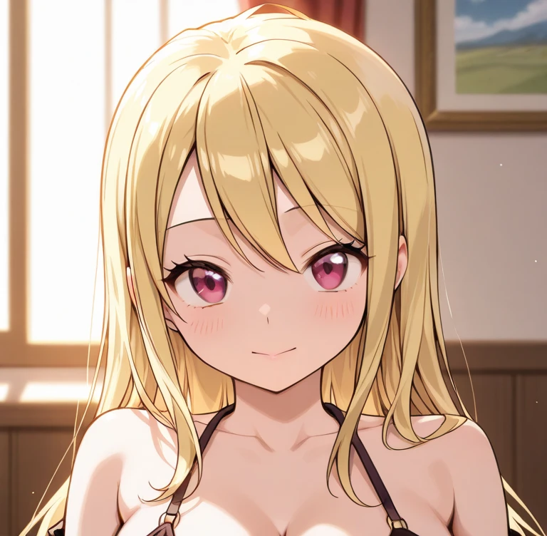 a woman in a bikini and a man in a bikini, grin, Ecchi anime style, seductive anime girl, beautiful seductive anime teen, in a bikini, oppai, ecchi yamada_yellow, 1chica , by rubio, alone, wide, hair ornament, , smile, bow, red eyes my dress darling anime, beautiful seductress anime 
