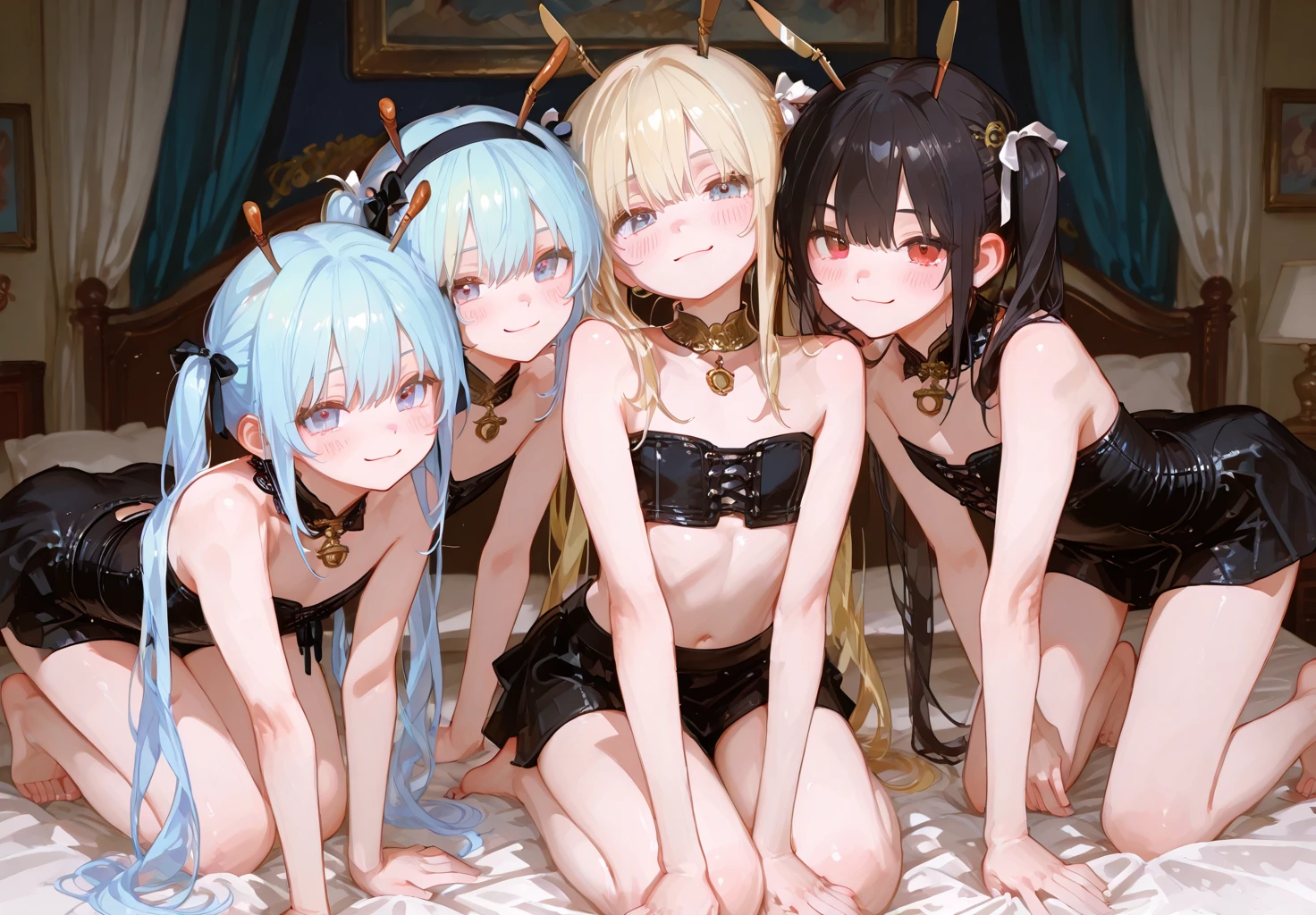 woman 、Full nudity、squat、Looks painful、Fly Hearts、From below、Spread your legs wide、Sweaty、Tentacle Sex、4girls