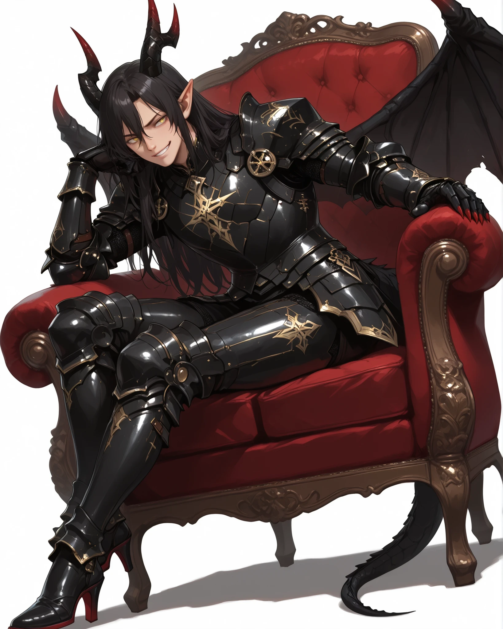 score_9, score_8_up, score_7_up, absurdres, (((128K Ultra High Resolution))), (masterpiece, best quality: 1. 5), (high definition: 1, 4), highres, 8K wallpaper, (excellent graphics: 1. 5), CG, (((Japanese Anime style))), (1 male), solo, ((lean body, masculine)), weredragon, glossy black, shiny black leather, ((beautiful golden eyes, finely detailed eyes, bright eyes, slit pupils)), hair between eyes, black hair, long hair, sideburns, wild hair, (sly grin, sinister grin, smirk), teeth, confident, (((ultra detailed face))), shiny skin, long pointy ears, twisted torso, long-legged, sculpted face, wasp waist, dragon horn, dragon tail, dragon wings, dragon sharp claws, (black armor with a lot of grandiose decorations: 1. 5), half dragon half human, (sit cross-legged, closed legs, sit sideways, luxury antique red plush velvet chair: 1. 5), (dramatic angle, dynamic pose: 1. 5), (ultra detailed black armor, well-polished black armor: 1. 5), (gold-adorned armor: 1. 5), all black outfit, full body, emphasize face, sharp focus, good-looking man, (best illustration, highly detailed artwork: 1. 5), (cinematic), dramatic lighting, (intricate detail, extreme detailed, super detailed: 1. 5), chiseled features, (stark contrast, heavy shadows: 1. 3), detailed black decorations, beautiful & aesthetic, photoreal, (from side), (mysteriously crafted black metal armor: 1. 5), thick & luxuriant hair, (ultra detailed fantasy black armor, wonderful black armor: 1. 5), (realistic metal texture), broad shoulder, true-to-life visuals, artistically refined, (extremely delicate & beautiful armor, elaborate armor details: 1. 5), (giant black armor, dark armor, stylized armor: 1, 5), (((armor-type high heels))), (extremely detailed armor with intricate engravings, intricate armor with gold ornaments: 1. 5), ((very gorgeous and dazzling)), (dark fantasy black knight: 1. 5), slim waistlines, wide chested, sinewy body, (Hyper Detailed & Perfectly Designed Black Armor: 1. 5), (simple white background)