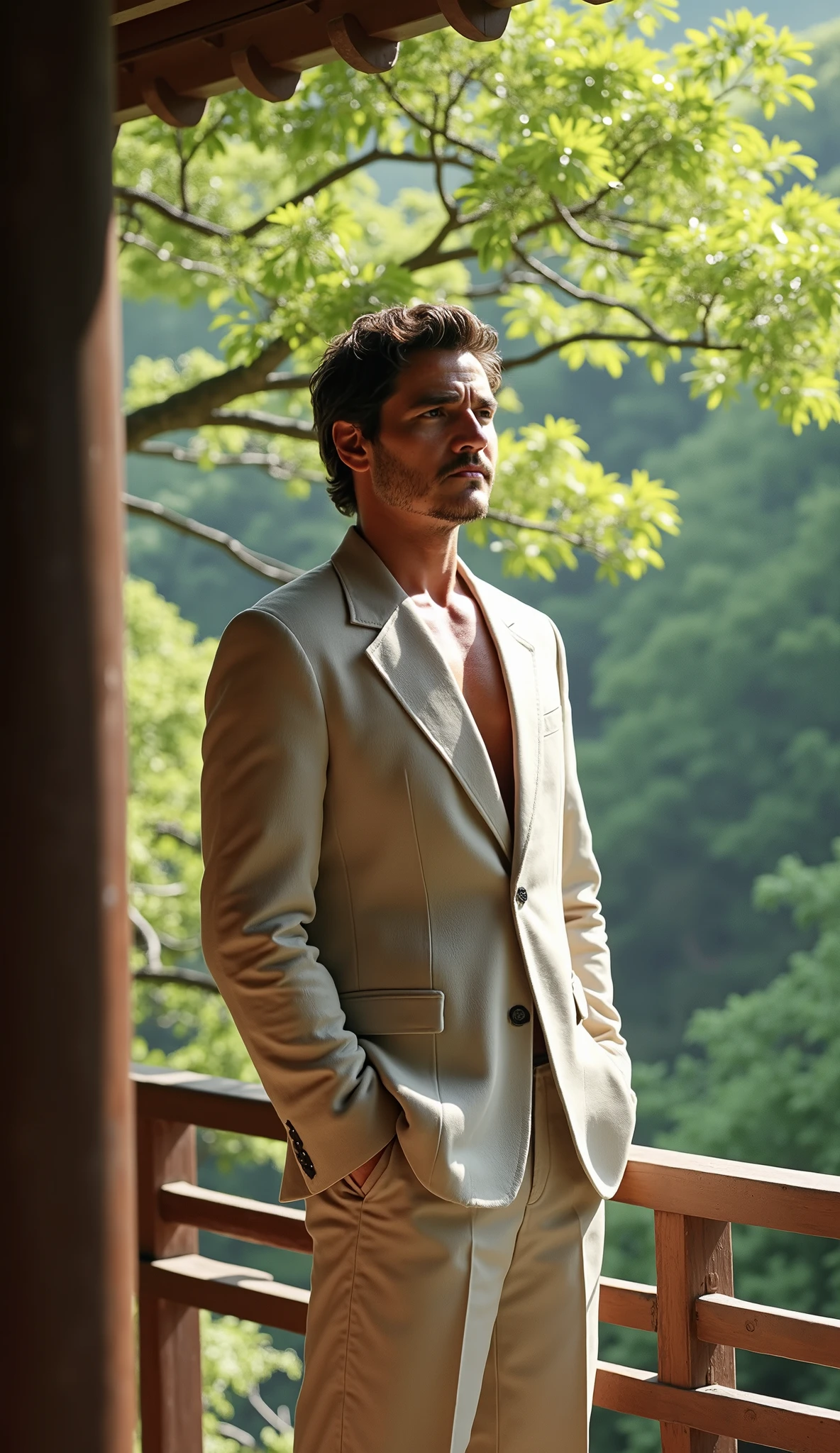 Pedro Pascal (Normal):

On a balcony of a Zen temple in Kyoto, Pedro wears a beige linen suit with an open shirt. Gentle breeze shakes leaves around. Her eyes are calm, quase meditativo.