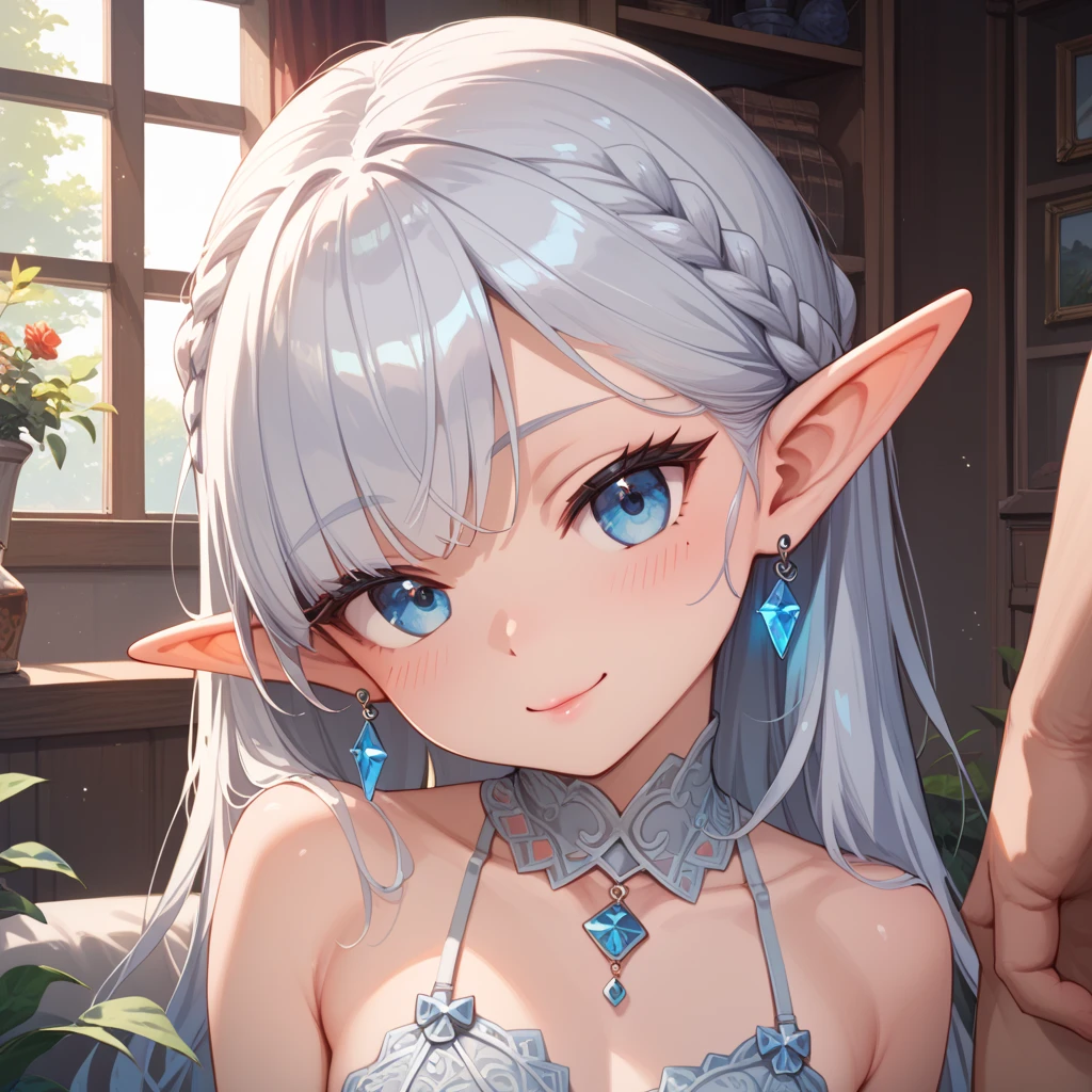 Create a high-resolution, upper-body image of a cute anime girl with blue eyes and long, flowing gray hair. She has tanned skin and is an elf with delicately pointed ears. She is smiling warmly and looking directly at the viewer, giving a friendly and inviting expression. She is wearing a light, pastel-colored camisole that complements her complexion. Her hair cascades gracefully around her shoulders, with a few loose strands framing her face. The background should depict a sunny lakeside scene with clear blue skies, a sparkling lake, and lush greenery. Ensure the background is detailed yet softly blurred to keep the focus on the character. The style should be kawaii and highly detailed, capturing the charming and whimsical essence of anime art. Ensure the image is high quality and high resolution, with careful attention to the character’s features and expression.bikini　Swimwear