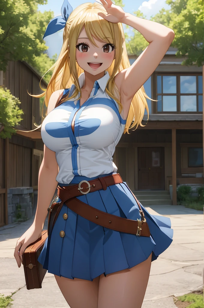 Star Image, best quality, High resolution, Lucy Hartfilia, Blonde Hair, long hair, Side Mao Insult, Blue Ribbon, Large Breasts,(((Full and soft breasts,)))(((Large Breasts))) (((Cleavage))), earrings, Over the knee boots, Blue shirt, sleeveless tops, White Skirt, permanent, outdoor, town, house, Cowboy shooting, looking at the audience,