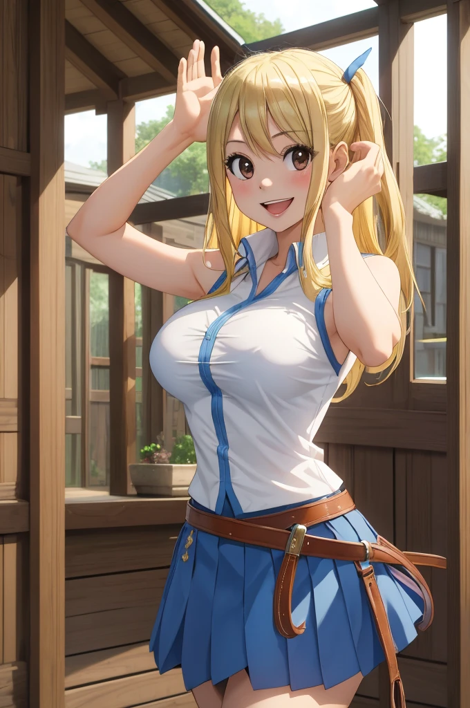 masterpiece, best quality, highres, lucy heartfilia, blonde hair, long hair, large breasts, white shirt, sleeveless, belt, blue skirt, cowboy shot, standing, looking at viewer, outdoors, waving, smile, open mouth,