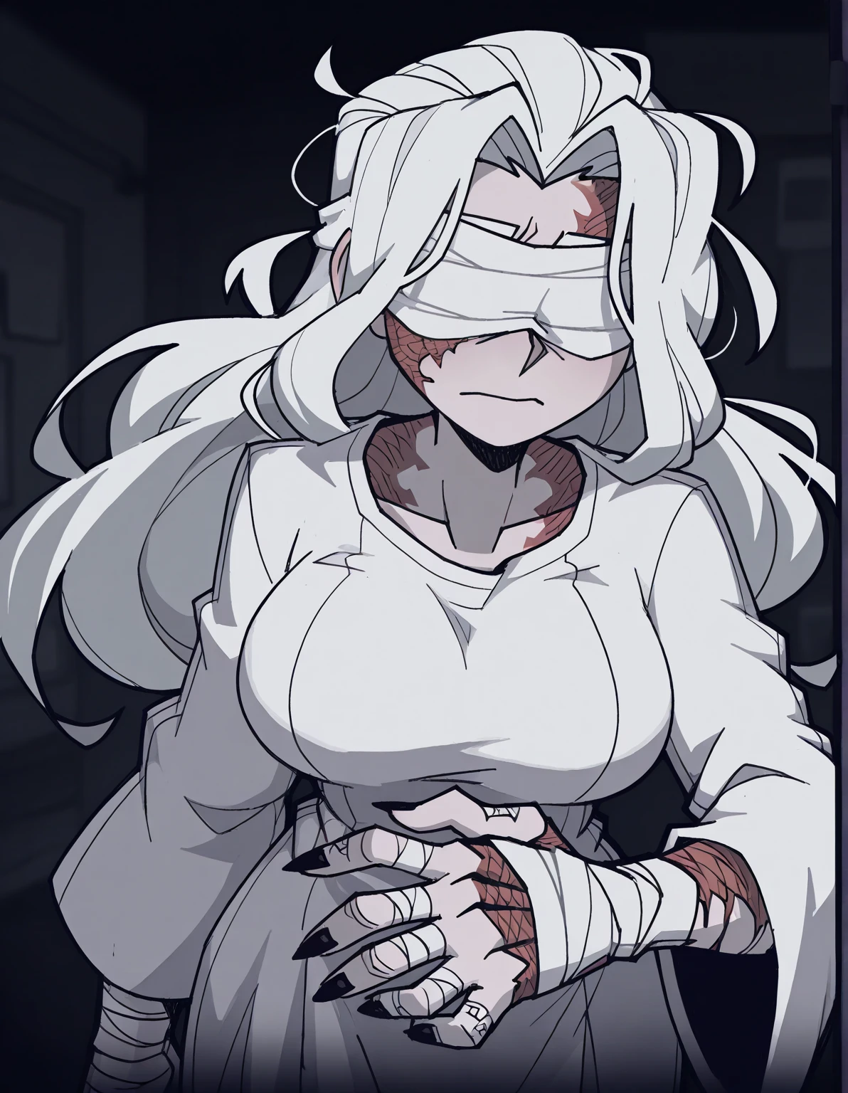 masterpiece, best quality,   thesilent, dark skin, skull, covered face, green cloak, bandages, midriff, bandaged legs, upper body, huge breasts, thick thighs, looking at viewer, chiaroscuro, stone walls, dungeon, serious, from above, futa, huge penis, wet penis dripping
