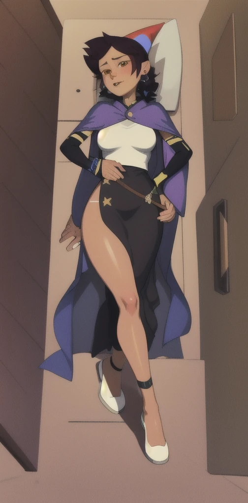 FFA,from below,leg up,sole,feet,looking at viewer,masterpiece,highres,best quality ,masterpiece,solo,1girl,Utena Hiiragi,Magia Baiser,feet,soles of feet,(black stirrup pants1.5),feet focus,evil smile,smirk,open mouth,skin fang,yandere,breasts, bellybuttom, sweating,feet,five toes,feet focus,back light,((soles of feet)),((from below))