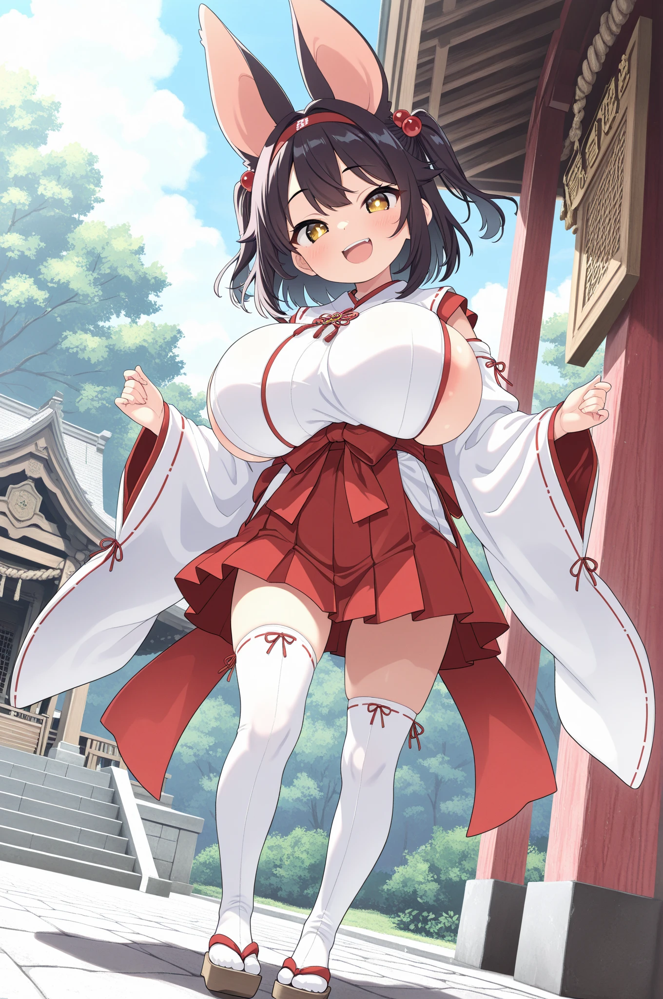 Anime illustration、highest quality、A voluptuous gal shrine maiden at a shrine in a futuristic city、Split squats、Squat、smile、Perfect balance、Oversized bust、Fatty legs、Erect nipples、Exposing、Clear eyes、Cowboy Shot、Sweaty、Reimu Hakurei
