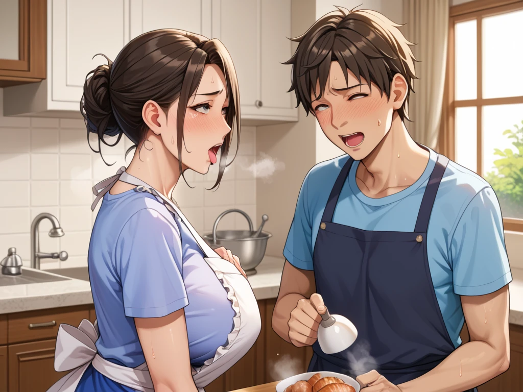 1 boy, long brown hair, chef outfit, Asian eyes, greeneyes, skin fair, pretty boy,