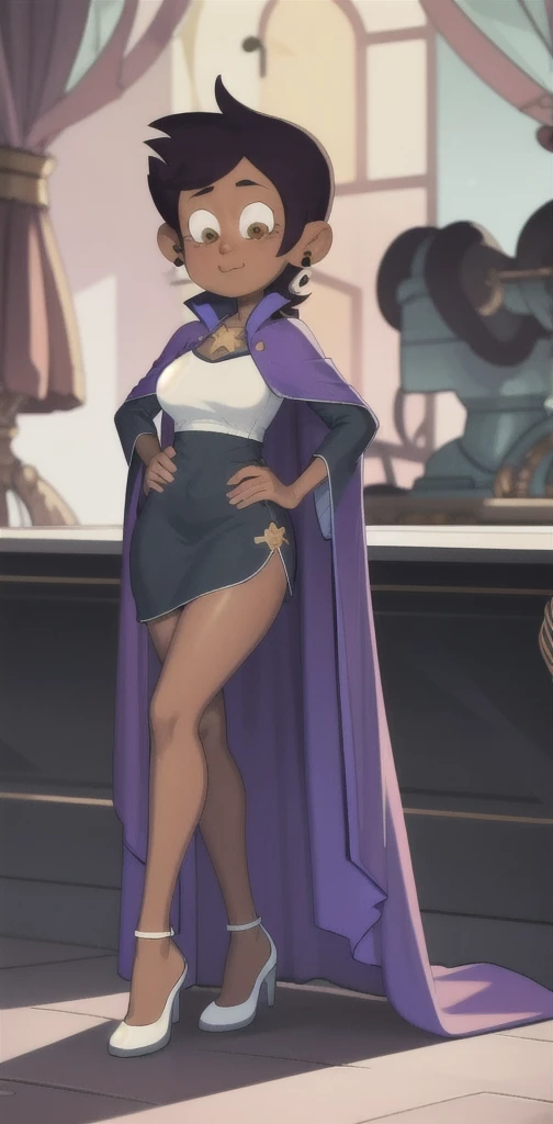 (Masterpiece), (Excellent), (Super Meticulous), (Full Body: 1.2), realistic and proportional human body:1.2, gorgeous Woman, Female beautiful elf:1.5, tall and slender, small breasts, thin waist, thick tighs, elegant lady, black hair stylized in a high high bun:1.5, solo:1.5, 1girl, hyper detailed medieval long black dress:1.8, nouble, big realistic amber eyes:1.2, hyper detailed face, d&d iconic character, hyper natural realistic skin, herbal tattoos on her neck,Very Clean Face, Confident and proud facial expression, 3D character design, CGI extreme detailed wallpaper digital art, cartoon style correct anatomy, octane render, fierce expression on her face, volumetrics