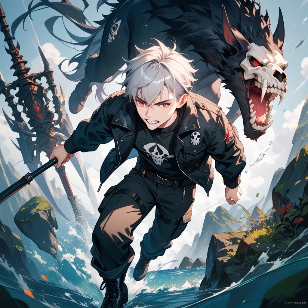 16 year old silver hair-eyed boy,fight for his life, being eaten by wolves, all bloody