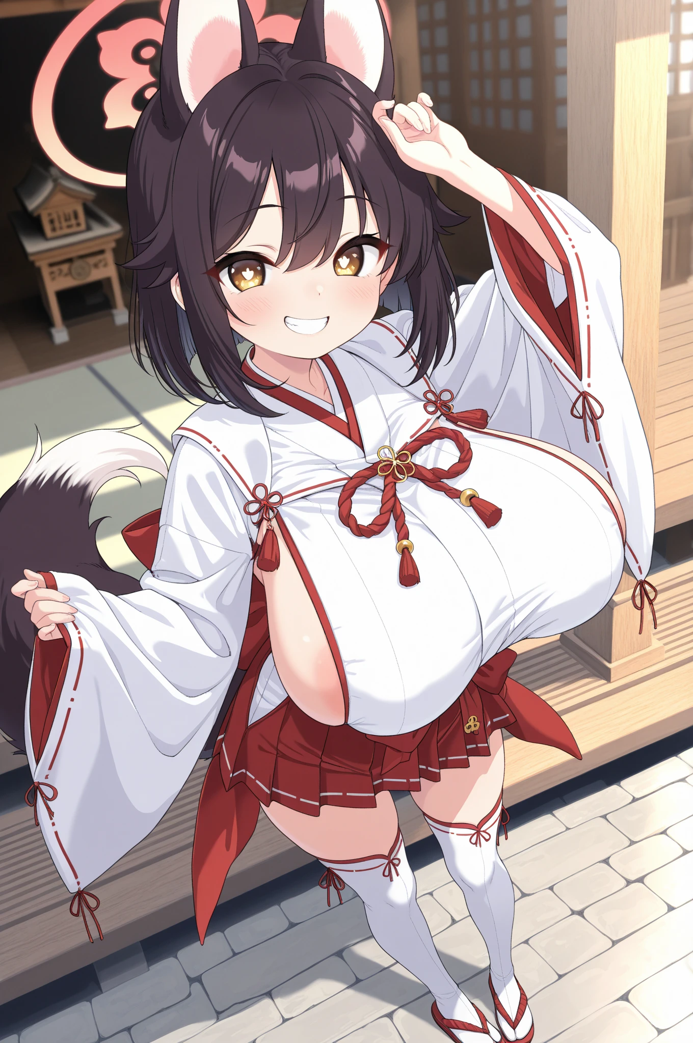 Best Quality, masterpiece, Extremely detailed CG, Extremely detailed 8K wallpaper, standing, HdR ,1 girl, Alone, outdoor, japanese shrine, Miko, shrine maiden cowboy shot, Alone, looking at the viewer, traje de Miko, by the wide, black fur, straight hair, bangs that cover the eyes, slight blush, smiling, intricate details, hyper detailed, beautiful fingers, Beautiful nose, Beautiful character design, perfect face, in front of the viewer, huge breasts, Thin waist, giant breasts, arms at the side, short bottomless hakama skirt, no panties, ofuda on pussy, Maebari, White skin, hair over eyes, Brown eyes