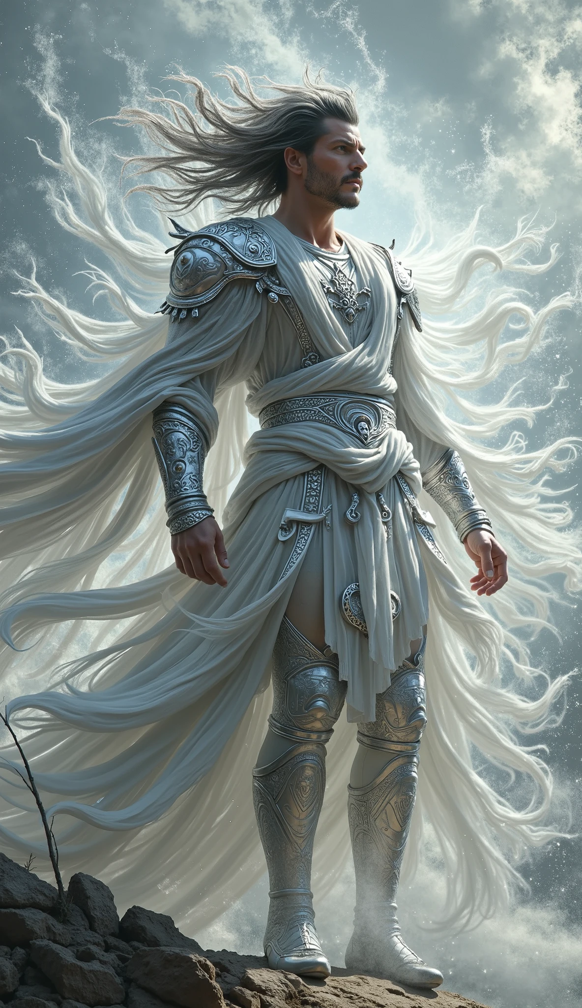 Pedro como Fujin:
The costume transforms into divine silver robes. The wind blows intensely. Rays of light wrap around your arms. Your hair comes loose and floats like flags in the air. The Wind God is reborn.
